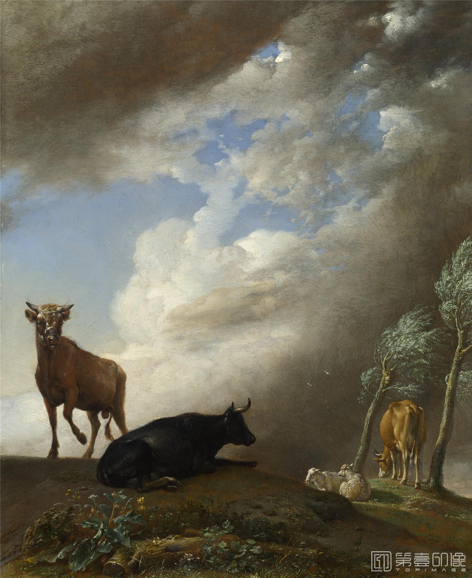 油画-大英博物馆藏画-Paulus Potter - Cattle and Sheep in a Stormy Landscape-1903